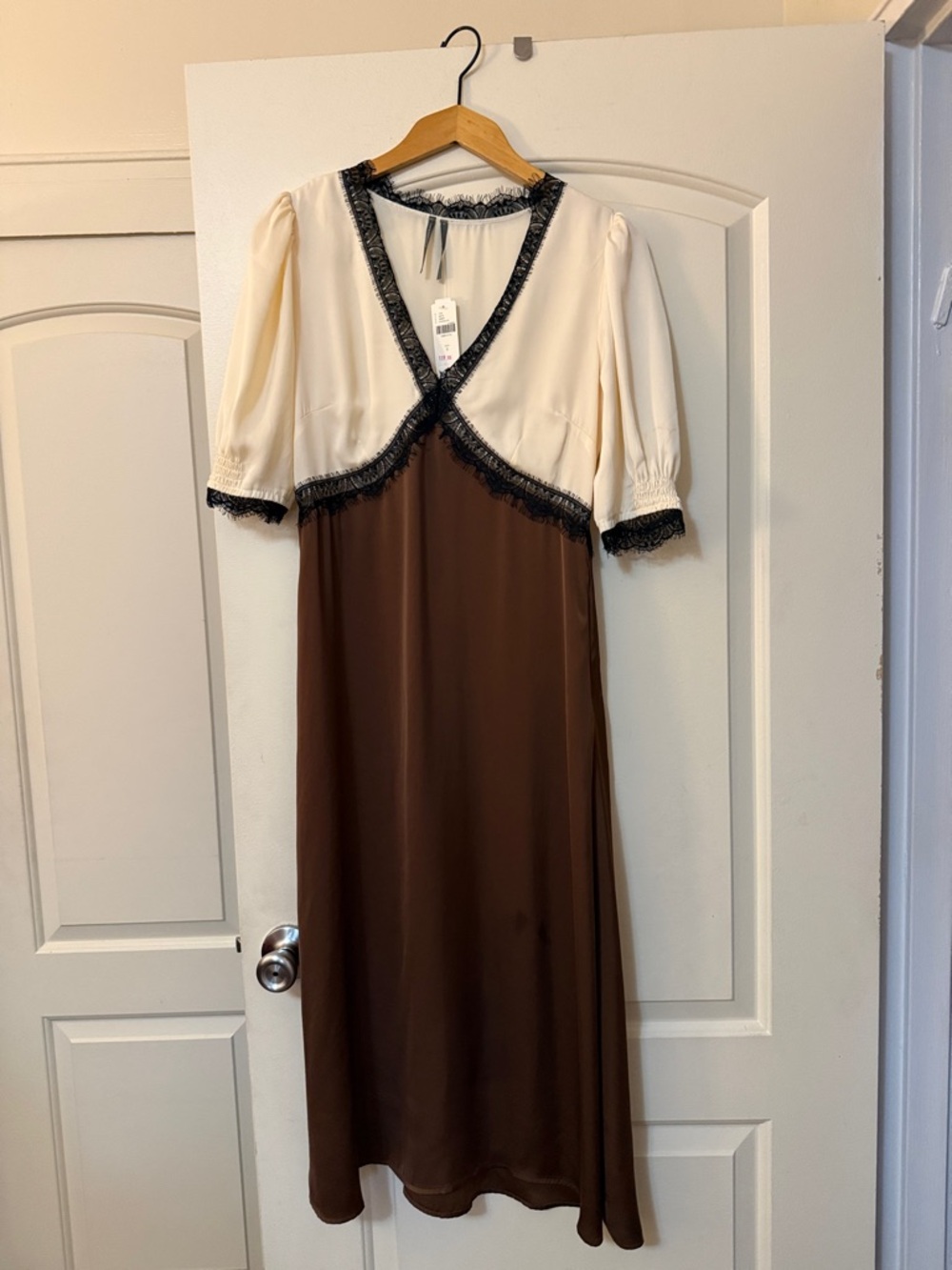 V neck lace trim Cream and Brown Midi Dress with Black Trim